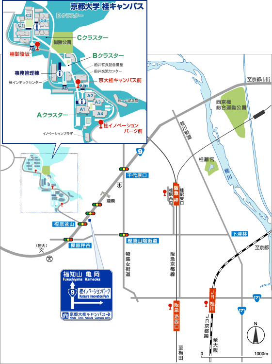 京都大学西脇研究室のある京都大学桂キャンパスの周辺地図